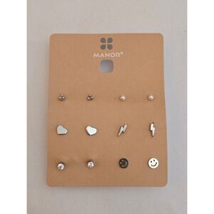 Womens 6 Pair Stud Earring Set Silver Tone Heart Lightning Smiley Pearl, Y2K 90s